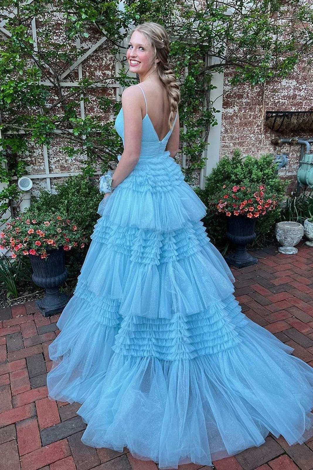 V-neck Pink Tulle Tiered Long Formal Dress