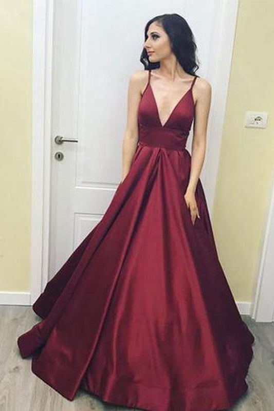 Simple V-Neck Satin Burgundy Prom Dress with Pockets PG485
