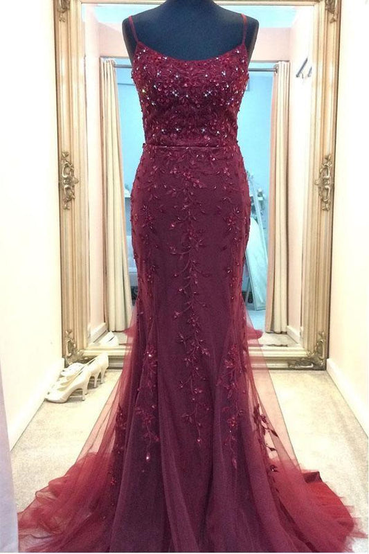 Straps Mermaid Burgundy Long Prom Dress Evening Dress PSK191