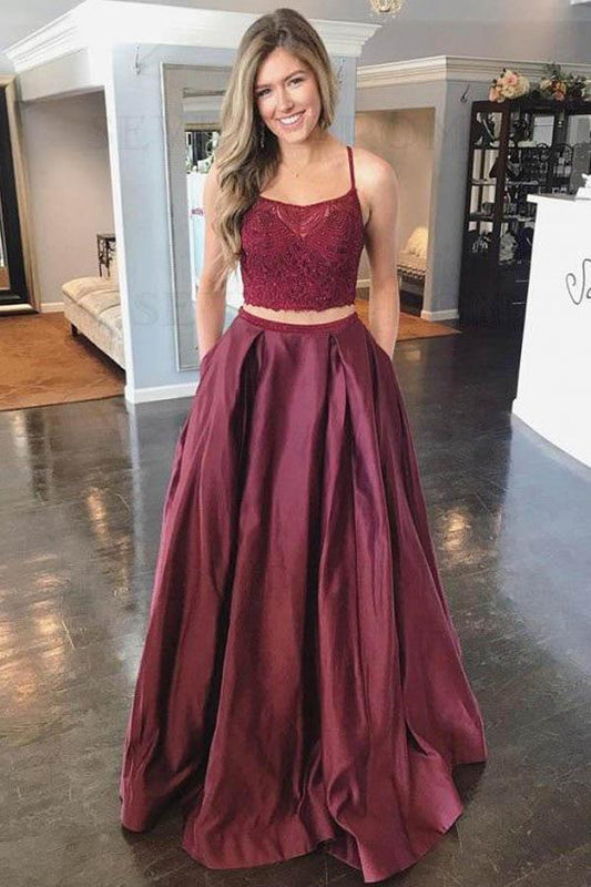 Two Piece A-Line Satin Spaghetti Straps Burgundy Prom Dress PSK109