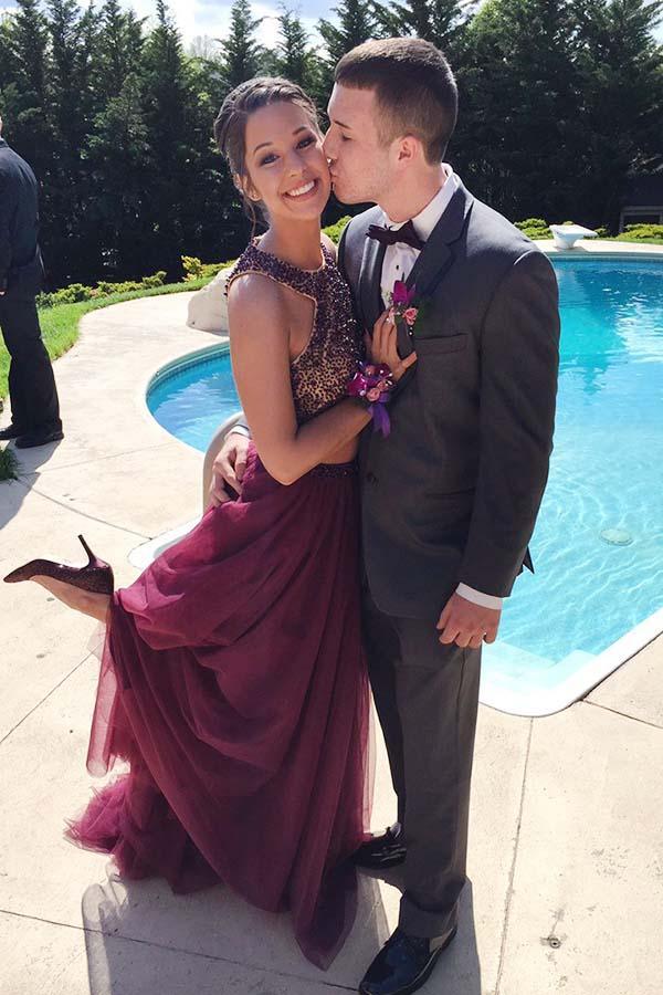 Two Piece Halter Tulle Open Back Beading Burgundy Prom Dress PG459