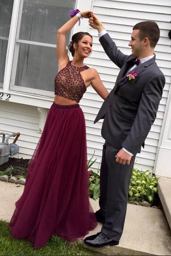 Two Piece Halter Tulle Open Back Beading Burgundy Prom Dress PG459