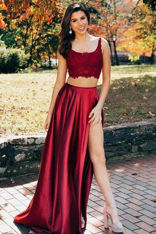 Two Pieces Sleeveless Split Criss Cross Burgundy Prom Dress  PG745