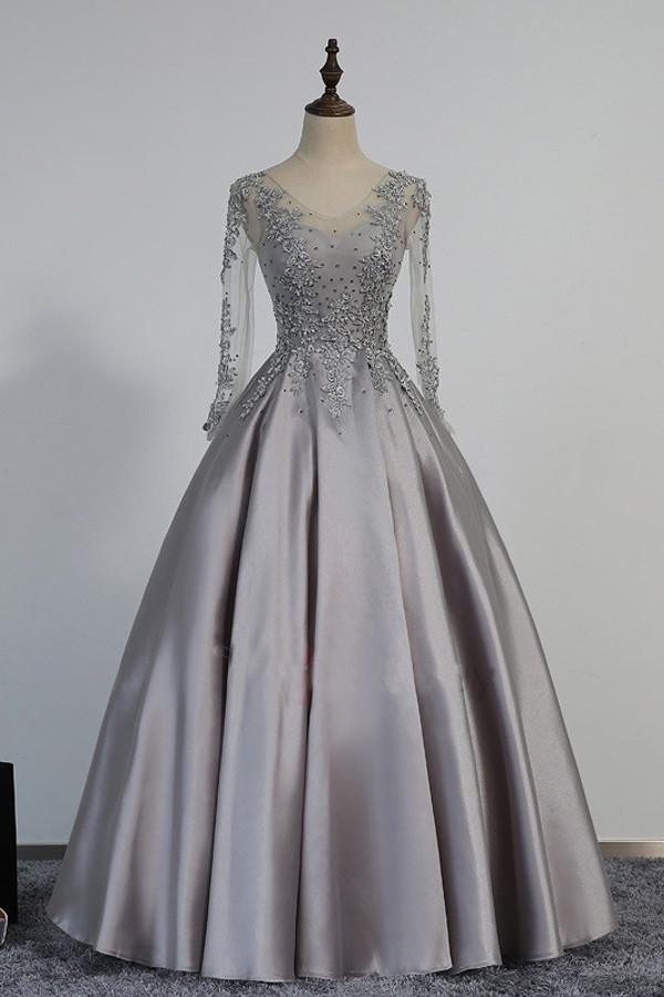 Vintage V-Neck Long Sleeves Appliques Beading Long Evening Dress PG364
