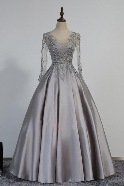 Vintage V-Neck Long Sleeves Appliques Beading Long Evening Dress PG364