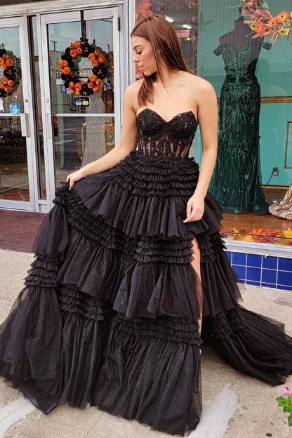 Vestido de fiesta con escote en forma de corazón en rosa intenso, vestido de noche con volantes escalonados en color fucsia